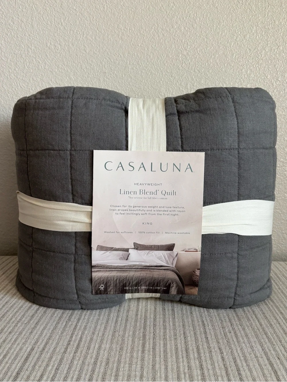 NWT King Heavyweight Linen Blend Quilt Dark Gray - Casaluna